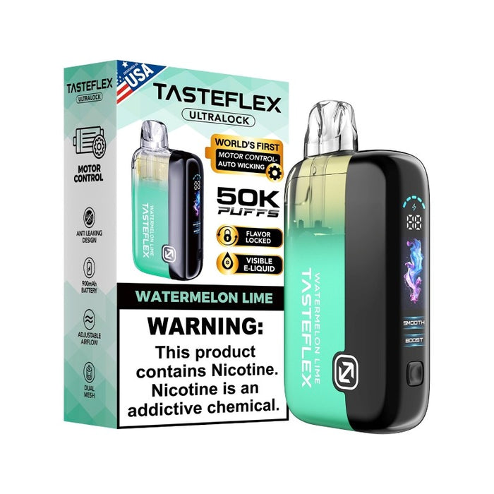 Tasteflex Ultralock 50K vape with transparent e-juice tank and 1.7-inch LED display for flavor lovers