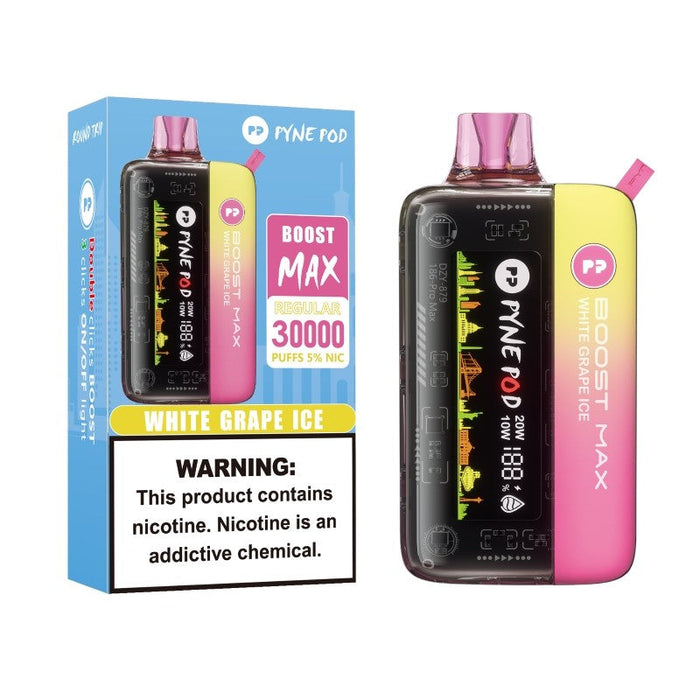 Pyne Pod Boost Max 30K Kit – A disposable vape with a transparent front panel and digital screen. Find the best at VapeNear.