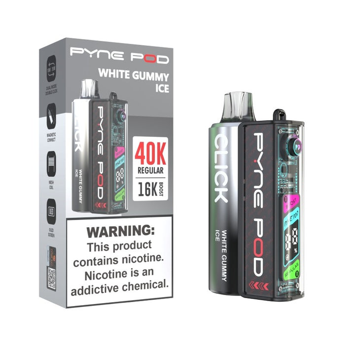 Pyne Pod Click 40K disposable vape kit with fruity flavors like Strawmango, Peach Slush, and Grapy Claps.